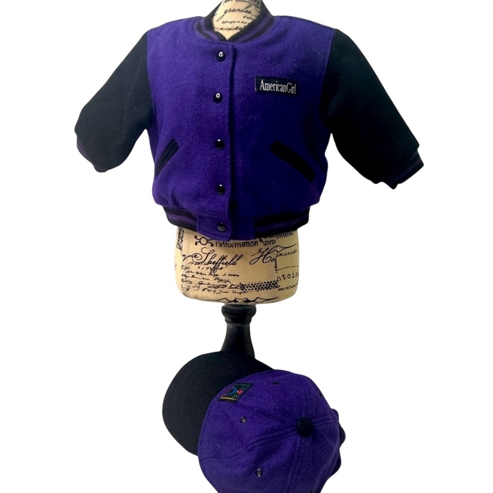 American Girl 18” Doll Purple Large Logo Varsity Jacket & Cap  GUC